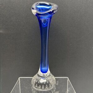 Aseda Glasbruk Calla Lily Bud Vase Blue MCM Sweden 8" Controlled Bubble Base